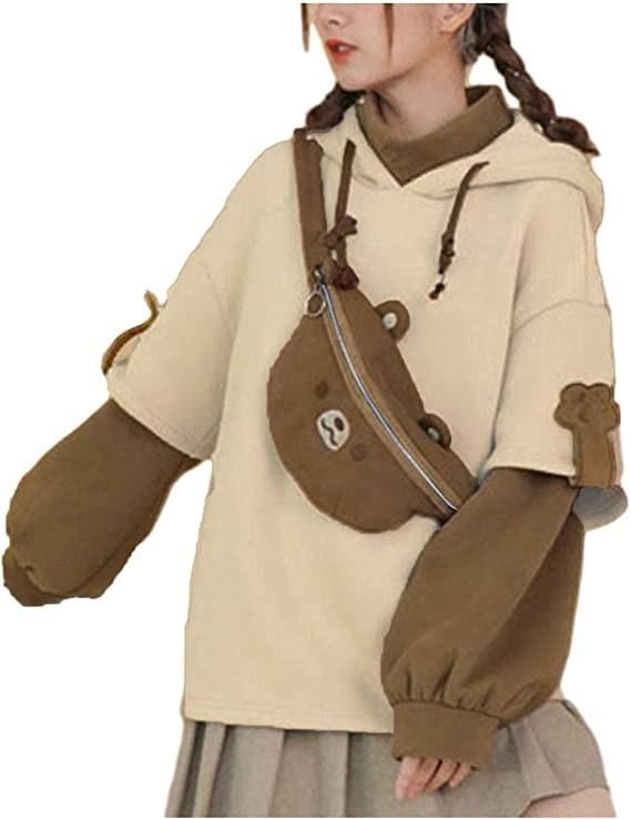 Woman's Brown Bear Hoodie Long SSeeve Sweatshirt Personality Bag