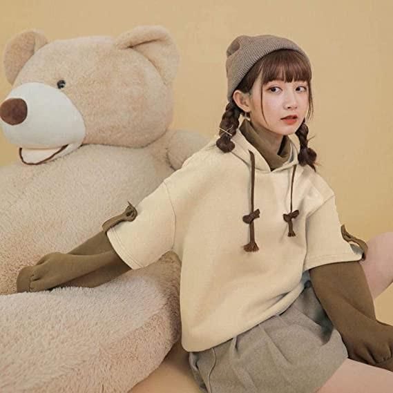 Woman's Brown Bear Hoodie Long SSeeve Sweatshirt Personality Bag