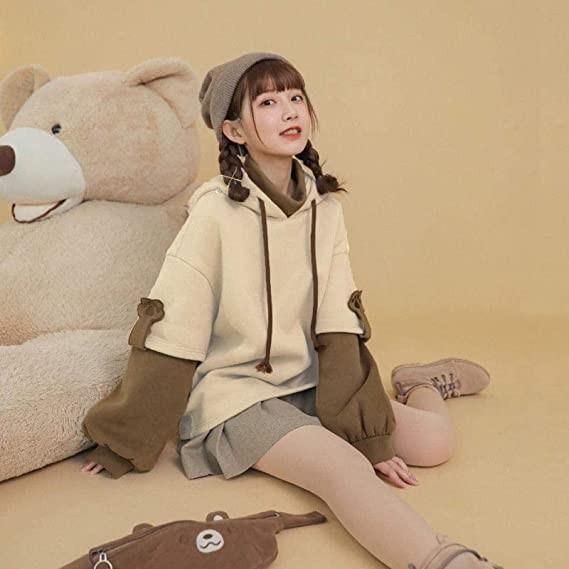 Woman's Brown Bear Hoodie Long SSeeve Sweatshirt Personality Bag