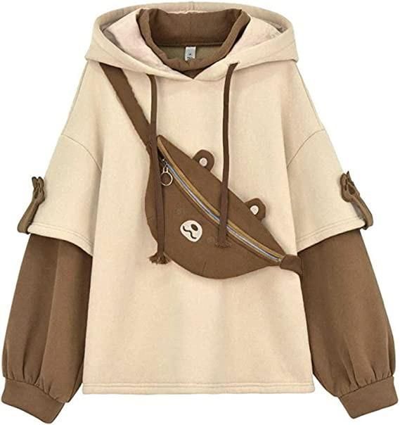 Woman's Brown Bear Hoodie Long SSeeve Sweatshirt Personality Bag