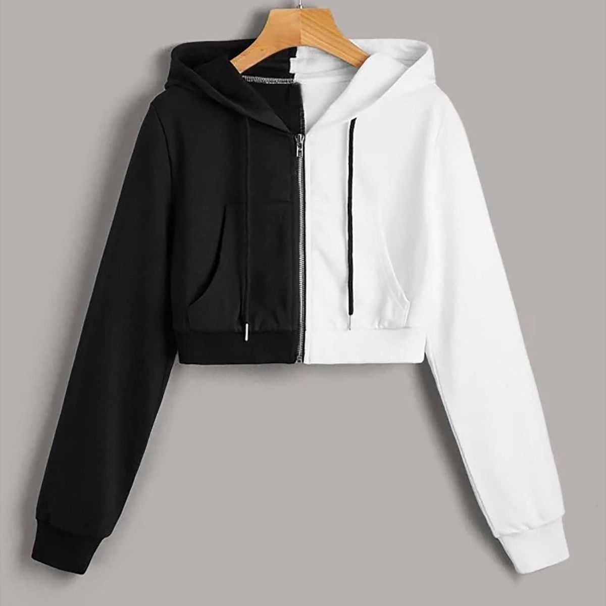 Women's Patchwork Long Sleeve Hooded Sweatshirts Pocket Zipper Blouse
