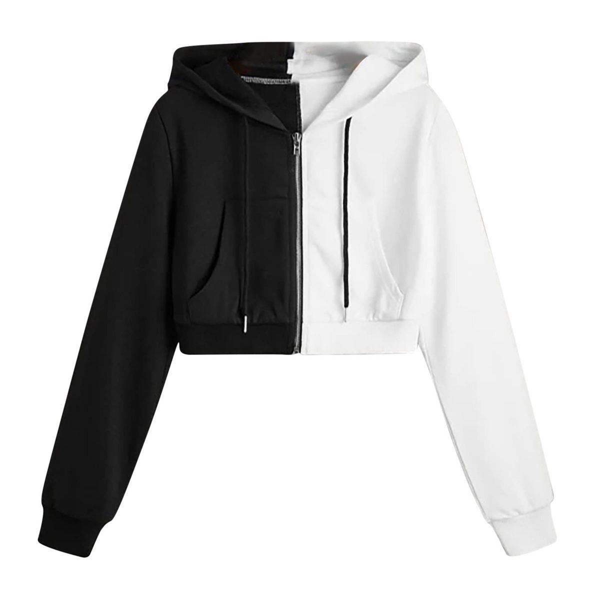 Women's Patchwork Long Sleeve Hooded Sweatshirts Pocket Zipper Blouse