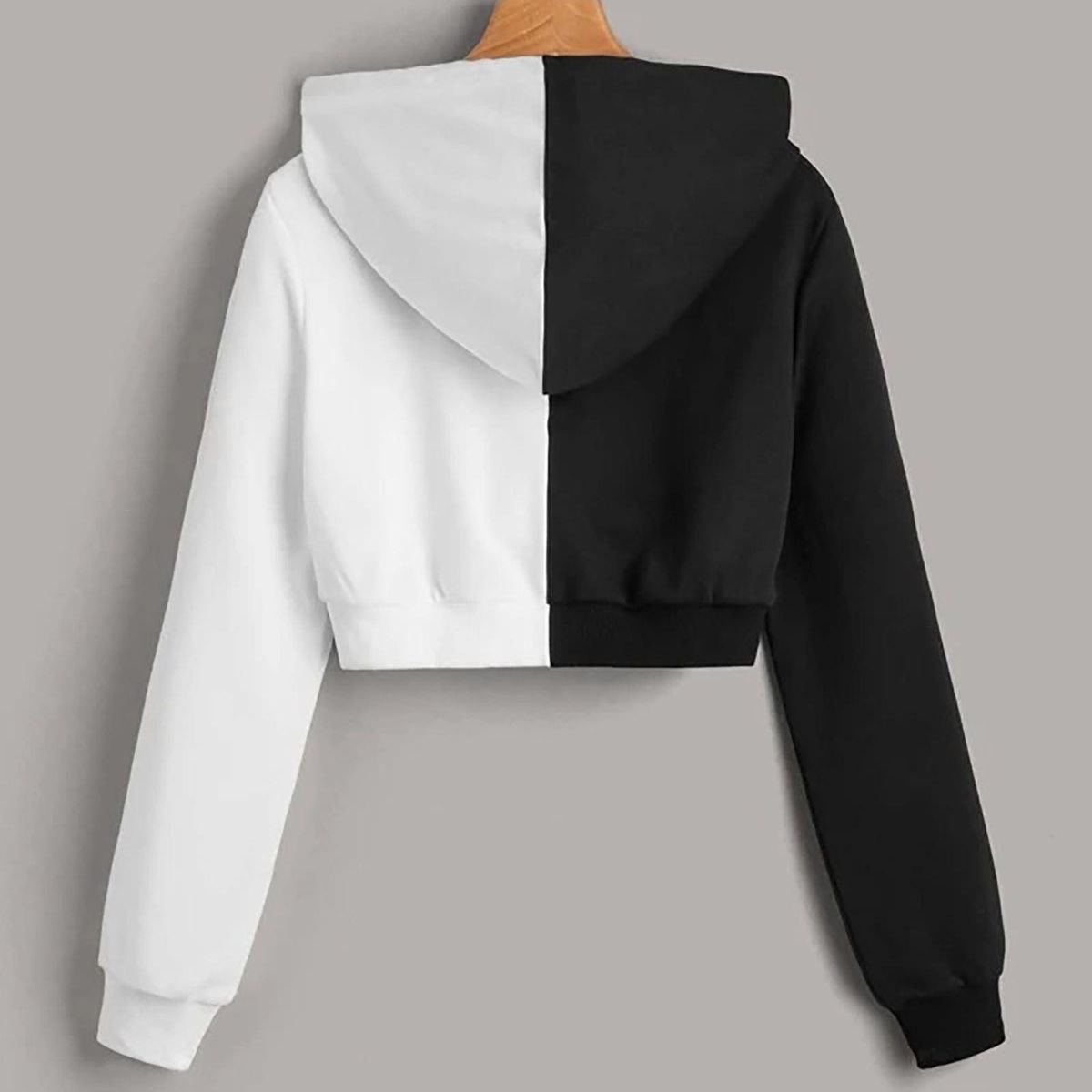 Women's Patchwork Long Sleeve Hooded Sweatshirts Pocket Zipper Blouse