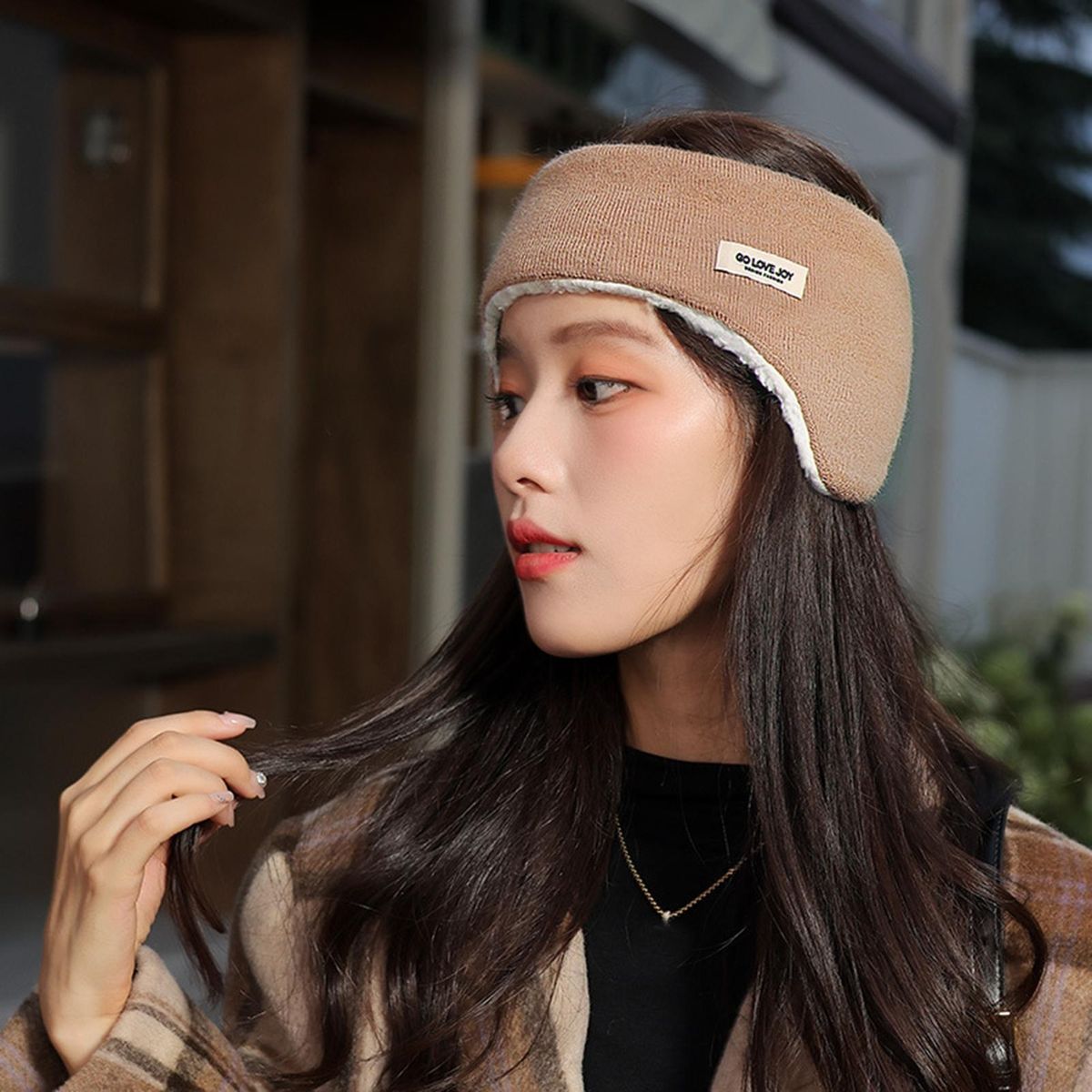 Ear Muffs Headband Knitting Velvet Lined Earmuffs Ridding Headband Khaki