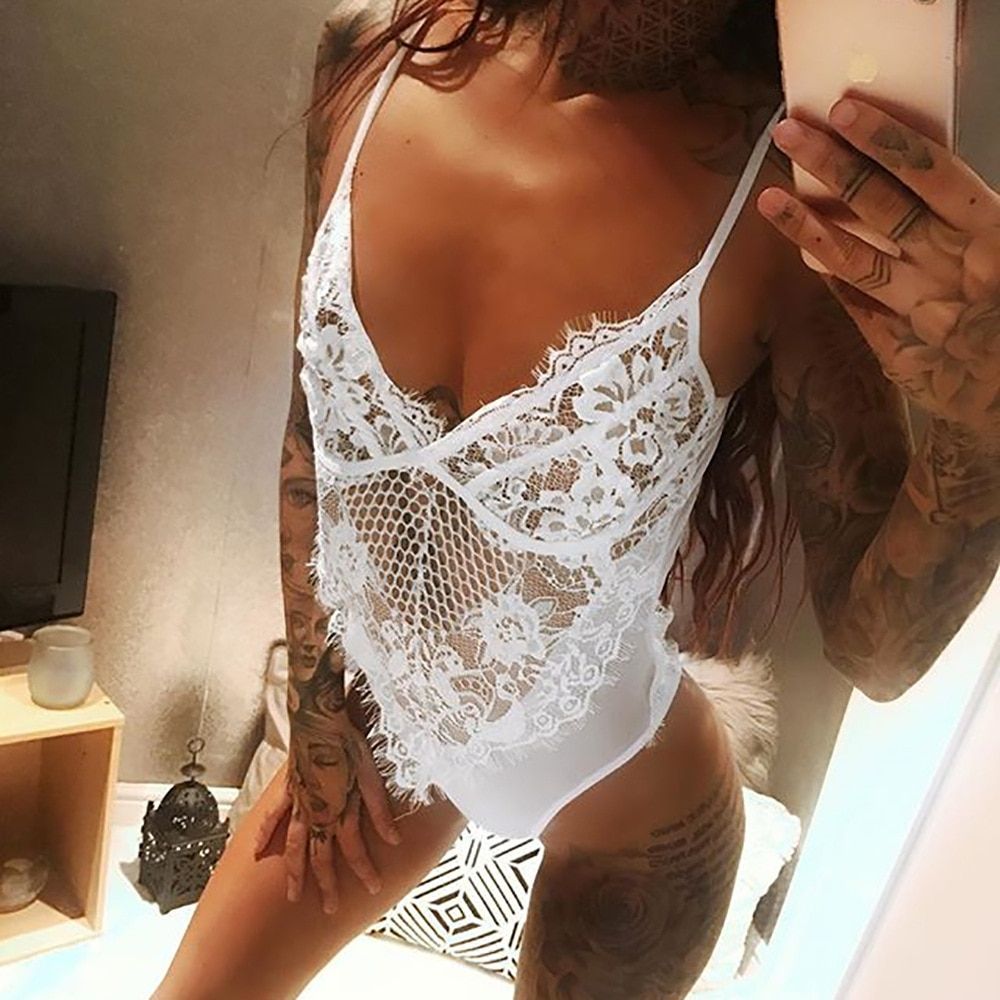 New Neon Colors Eyelashes Lace Bodysuit Slim Fit Summer Sexy Backless Sheer Bodycon Jumpsuit Mesh Hollow Out Tops Slim(#White)