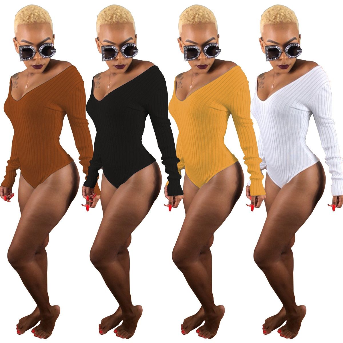 Sexy Bodysuits Women Rib Knitted V-Neck Long Sleeve Beach Playsuits Bandage Jumpsuits Ladies Rompers PlSize(#White)