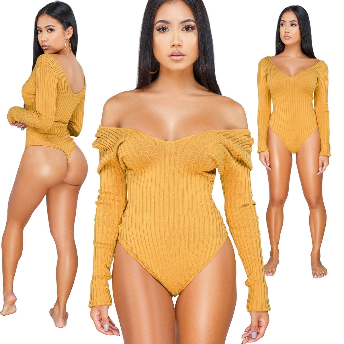 Sexy Bodysuits Women Rib Knitted V-Neck Long Sleeve Beach Playsuits Bandage Jumpsuits Ladies Rompers PlSize(#White)