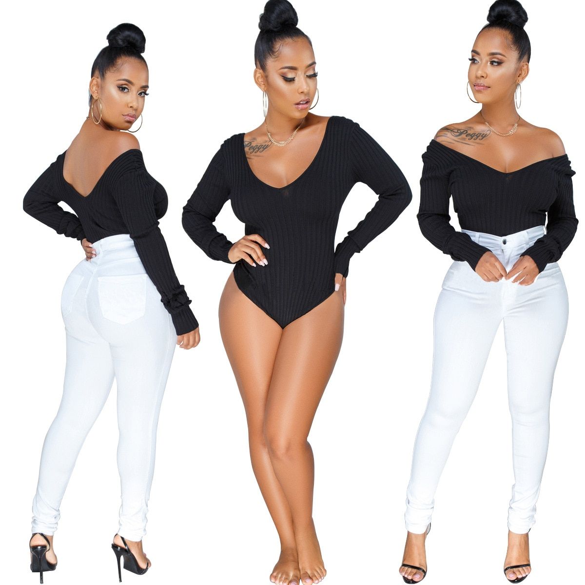 Sexy Bodysuits Women Rib Knitted V-Neck Long Sleeve Beach Playsuits Bandage Jumpsuits Ladies Rompers PlSize(#White)