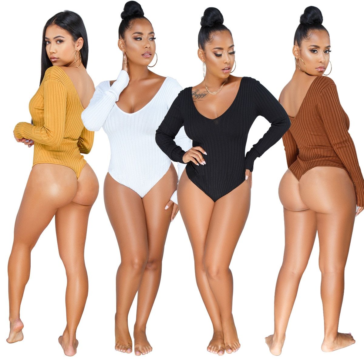 Sexy Bodysuits Women Rib Knitted V-Neck Long Sleeve Beach Playsuits Bandage Jumpsuits Ladies Rompers PlSize(#White)
