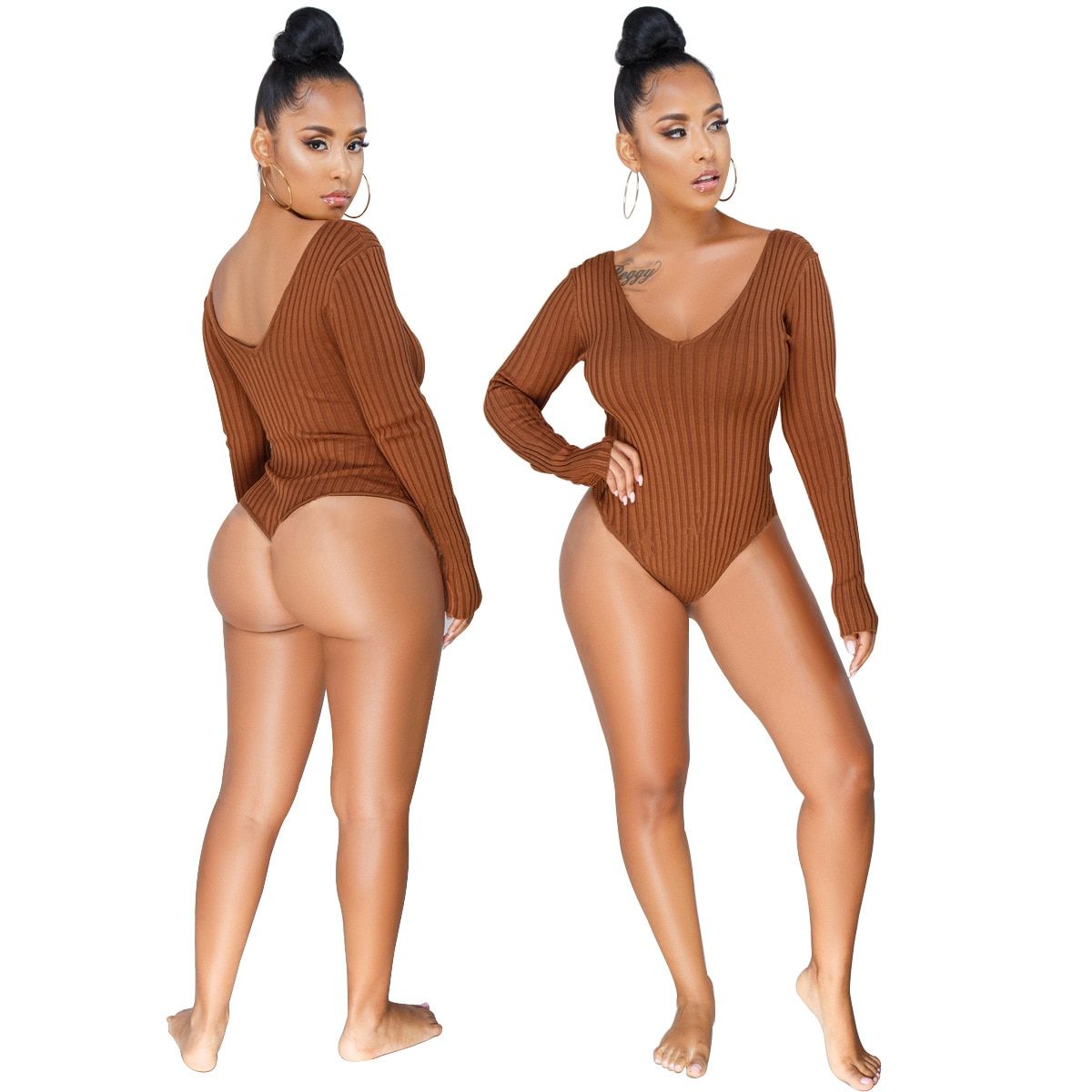 Sexy Bodysuits Women Rib Knitted V-Neck Long Sleeve Beach Playsuits Bandage Jumpsuits Ladies Rompers PlSize(#White)