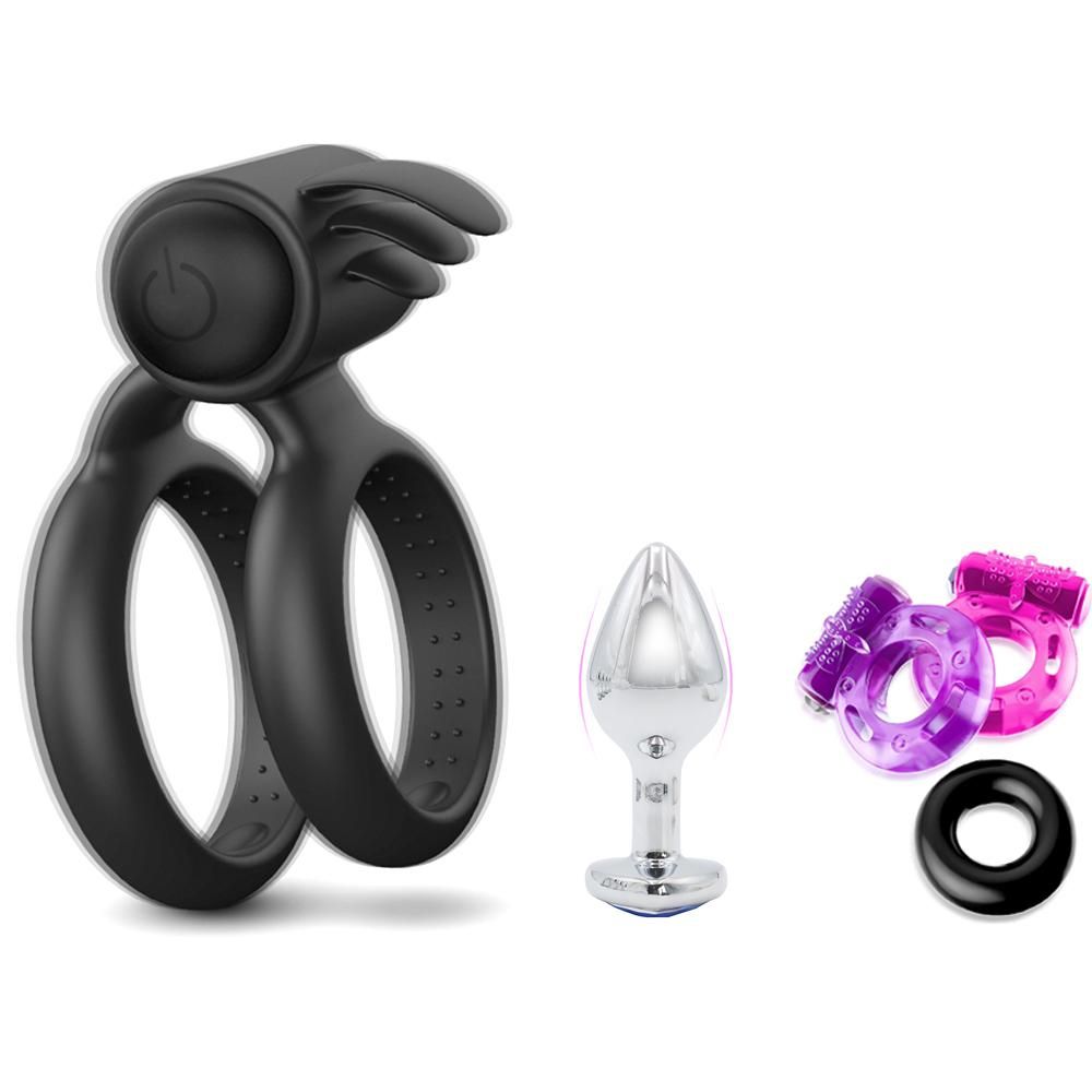 Silicone Double Head Phallus Ring Vibrator Heart-shaped Plug Set Sexual Stimulation Toy for Couples