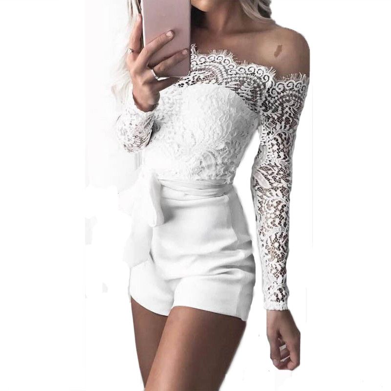 Women's Ladies Spring Summer Bodysuit Off Shoulder Long Sleeve Lace Ladies Streetwear Playsuit Romper Shorts Jumpsuit Overalls(#Black)