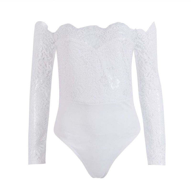 Women's Ladies Spring Summer Bodysuit Off Shoulder Long Sleeve Lace Ladies Streetwear Playsuit Romper Shorts Jumpsuit Overalls(#Black)