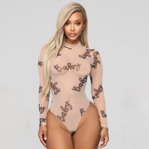 Letter Pattern Transparent Mesh Bodycon Bodysuit Rompers Womens Jumpsuit Full Sleeve Turtleneck Sexy Bodysuit Casual(#Nude)