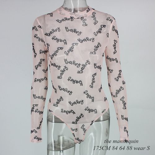 Letter Pattern Transparent Mesh Bodycon Bodysuit Rompers Womens Jumpsuit Full Sleeve Turtleneck Sexy Bodysuit Casual(#Nude)