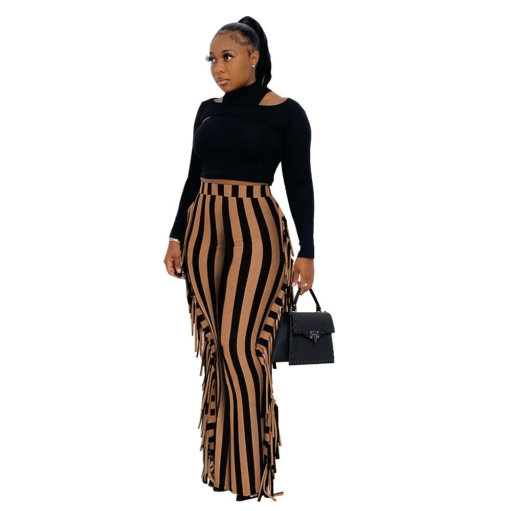 (brown)Plus Size Women Fringe Pants Striped Print Trouser 2022 Fall Female Elegant Pencil Pants Lady Winter Casual Designer Trousers SAB