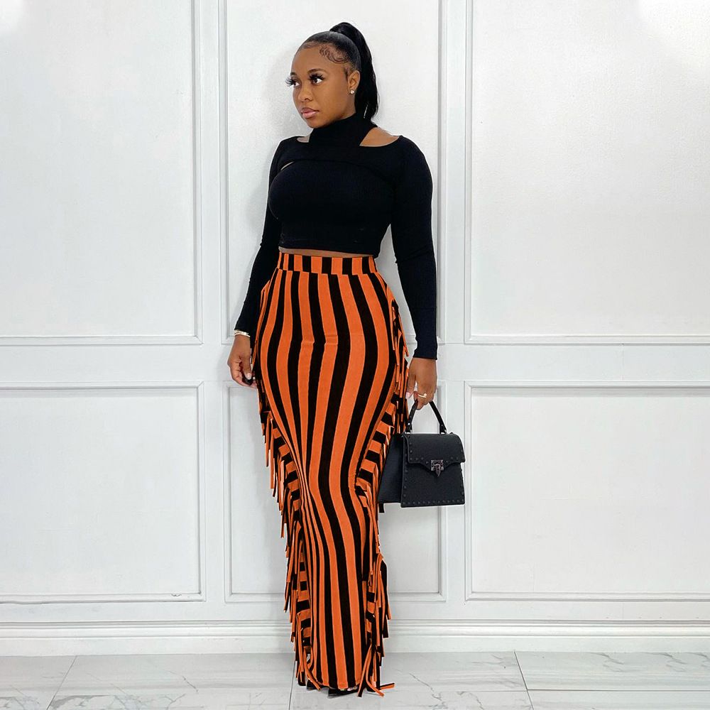 (brown)Plus Size Women Fringe Pants Striped Print Trouser 2022 Fall Female Elegant Pencil Pants Lady Winter Casual Designer Trousers SAB