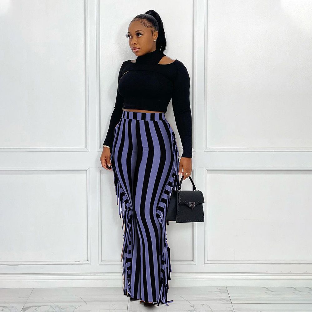 (brown)Plus Size Women Fringe Pants Striped Print Trouser 2022 Fall Female Elegant Pencil Pants Lady Winter Casual Designer Trousers SAB