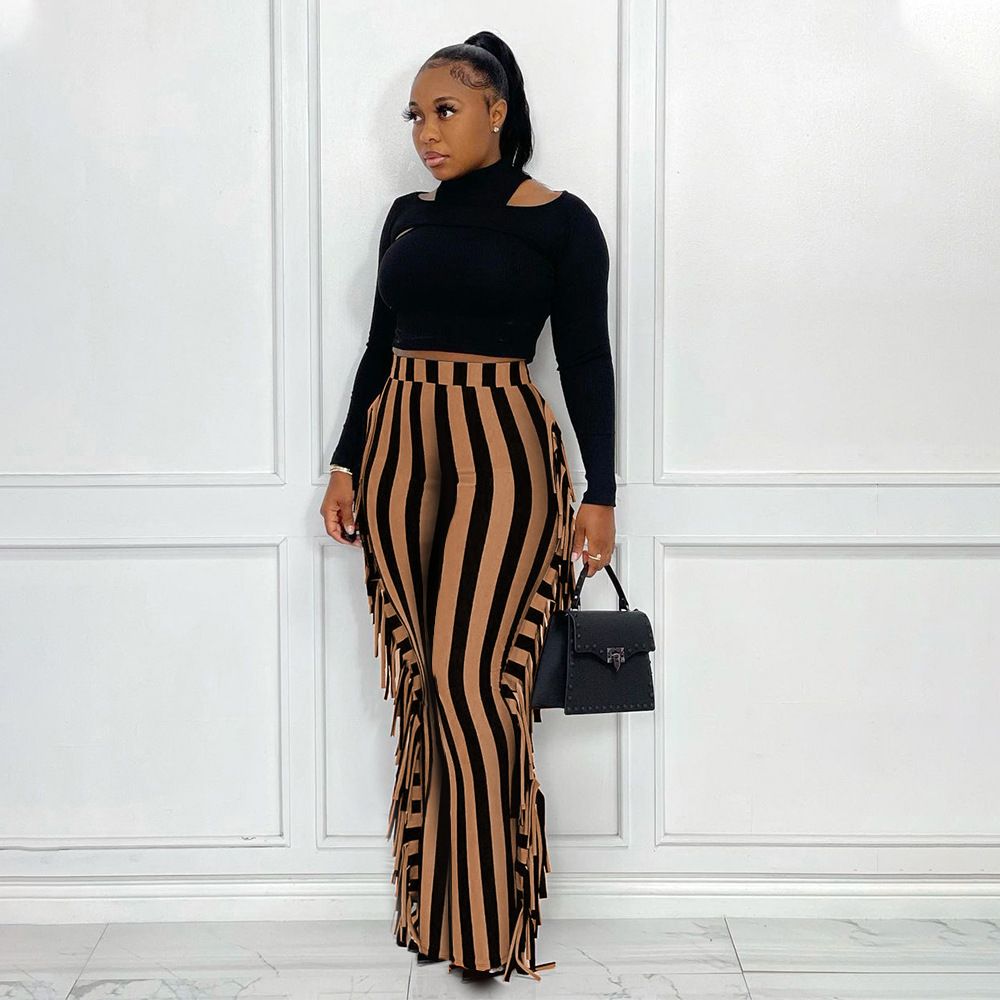 (brown)Plus Size Women Fringe Pants Striped Print Trouser 2022 Fall Female Elegant Pencil Pants Lady Winter Casual Designer Trousers SAB
