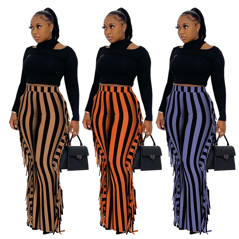 (brown)Plus Size Women Fringe Pants Striped Print Trouser 2022 Fall Female Elegant Pencil Pants Lady Winter Casual Designer Trousers SAB