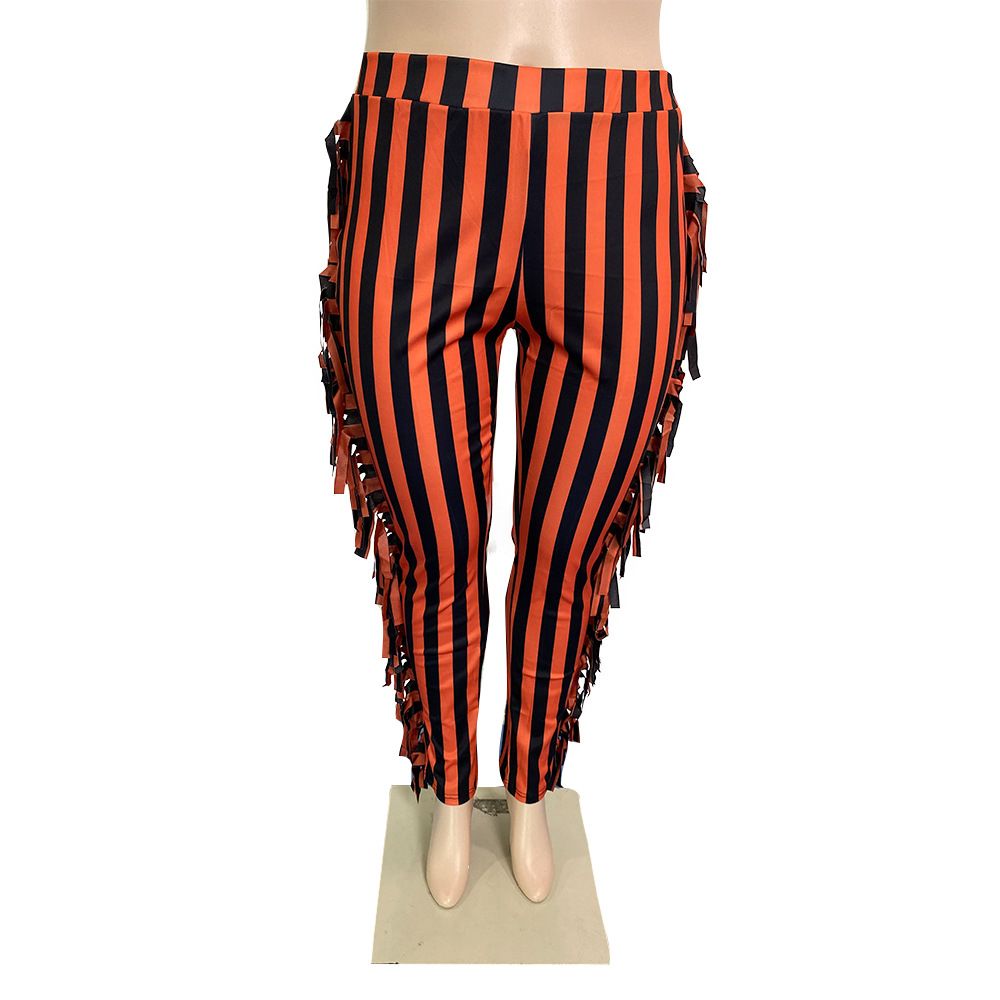 (brown)Plus Size Women Fringe Pants Striped Print Trouser 2022 Fall Female Elegant Pencil Pants Lady Winter Casual Designer Trousers SAB