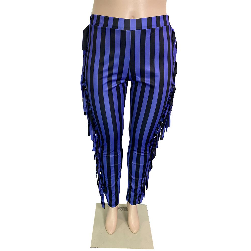 (brown)Plus Size Women Fringe Pants Striped Print Trouser 2022 Fall Female Elegant Pencil Pants Lady Winter Casual Designer Trousers SAB