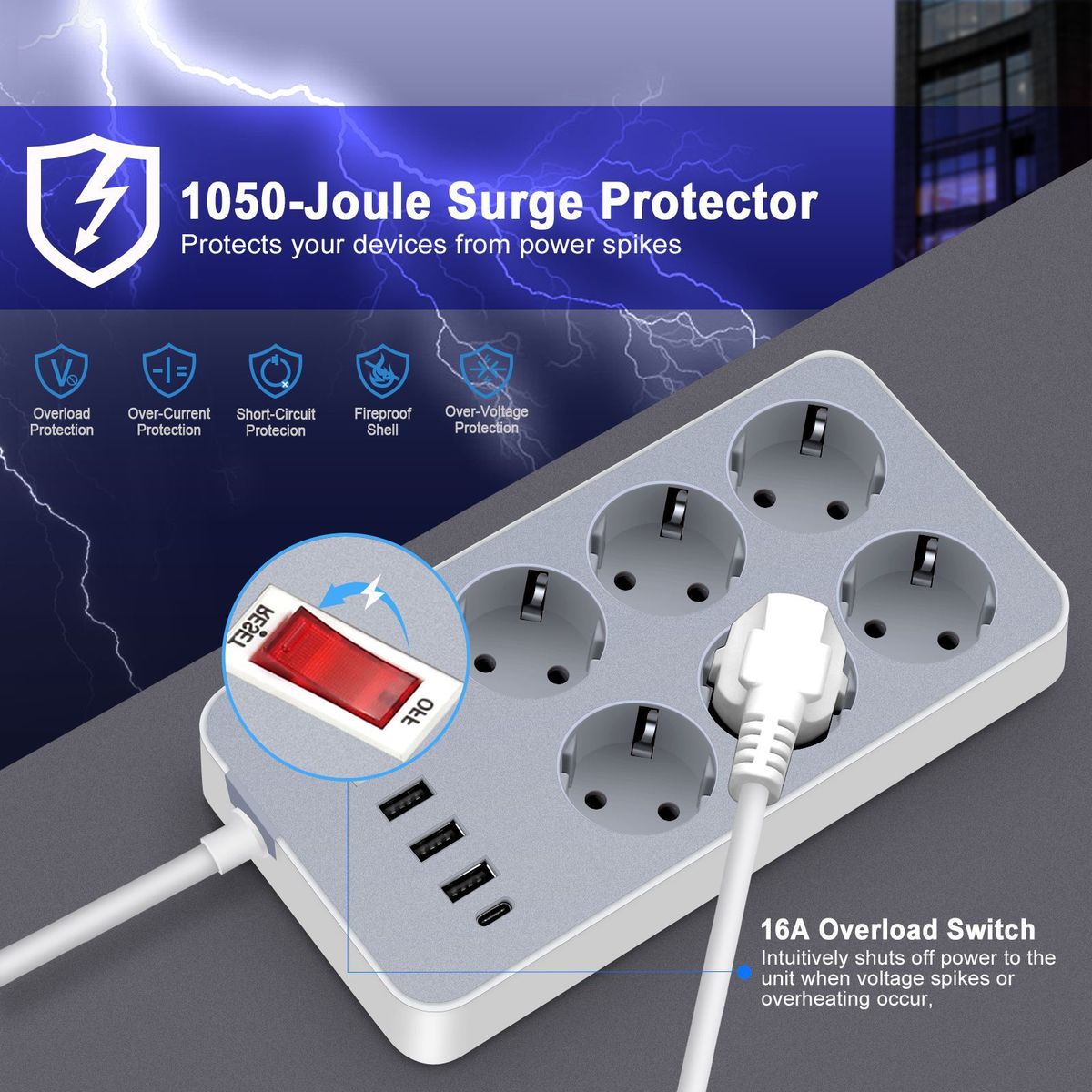 10-In-1  Strip Multi Outlet Socket With 1.2-Meter Long Cord