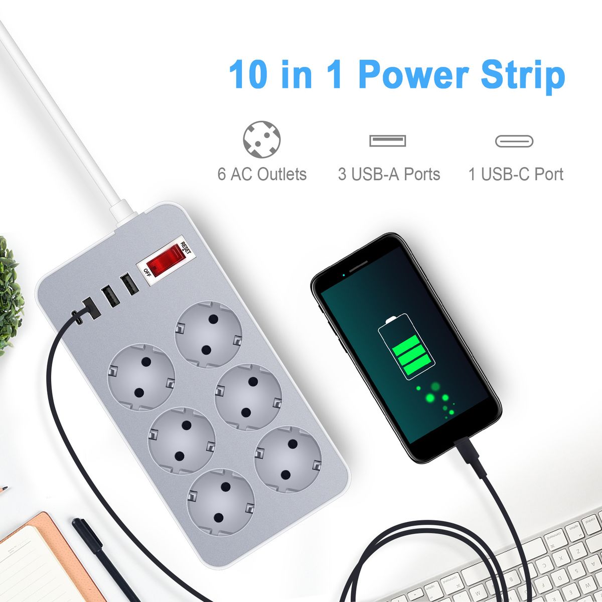 10-In-1  Strip Multi Outlet Socket With 1.2-Meter Long Cord