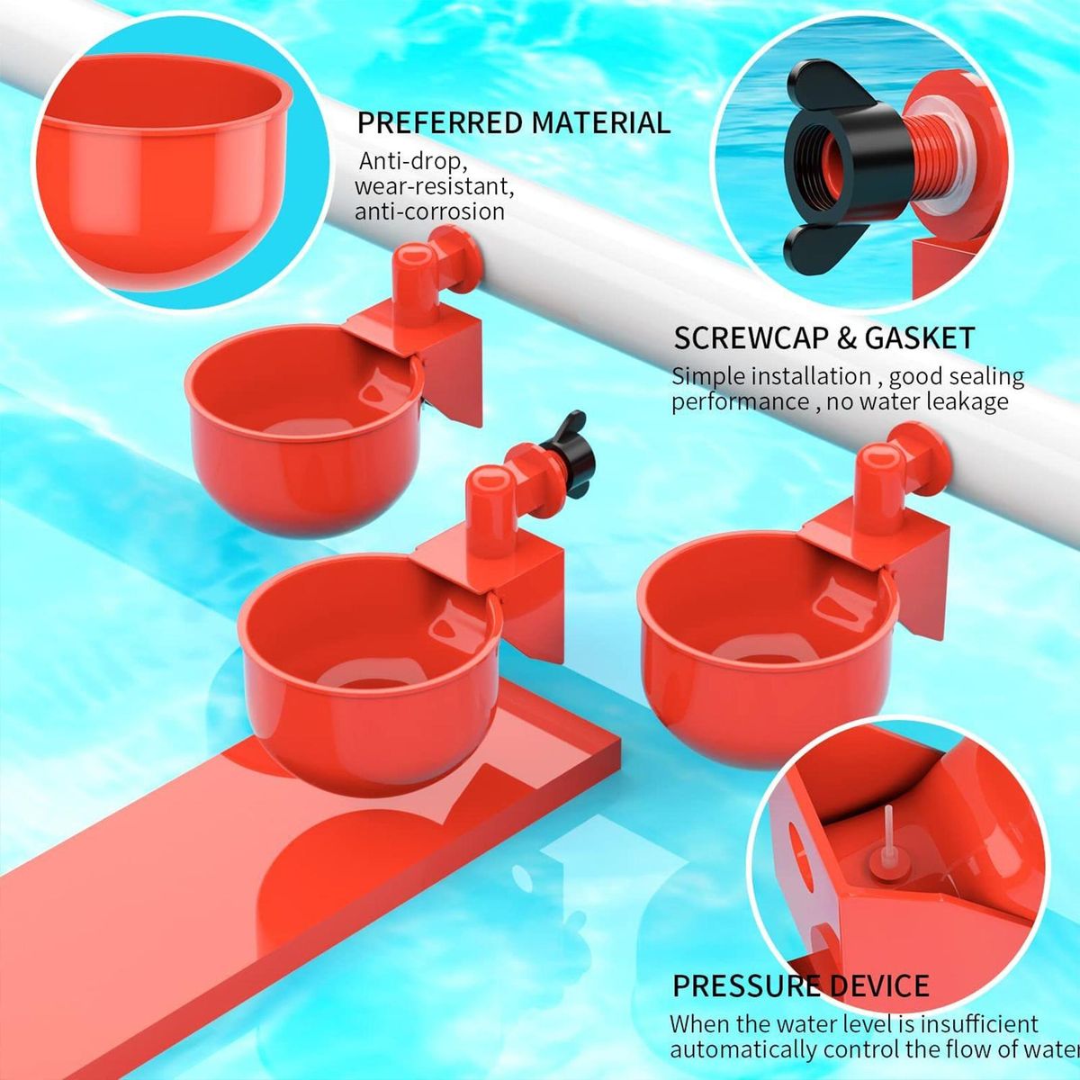 9-pack Automatic Chicken Waterer Cups with Hole Saw Easy for Buckets Red