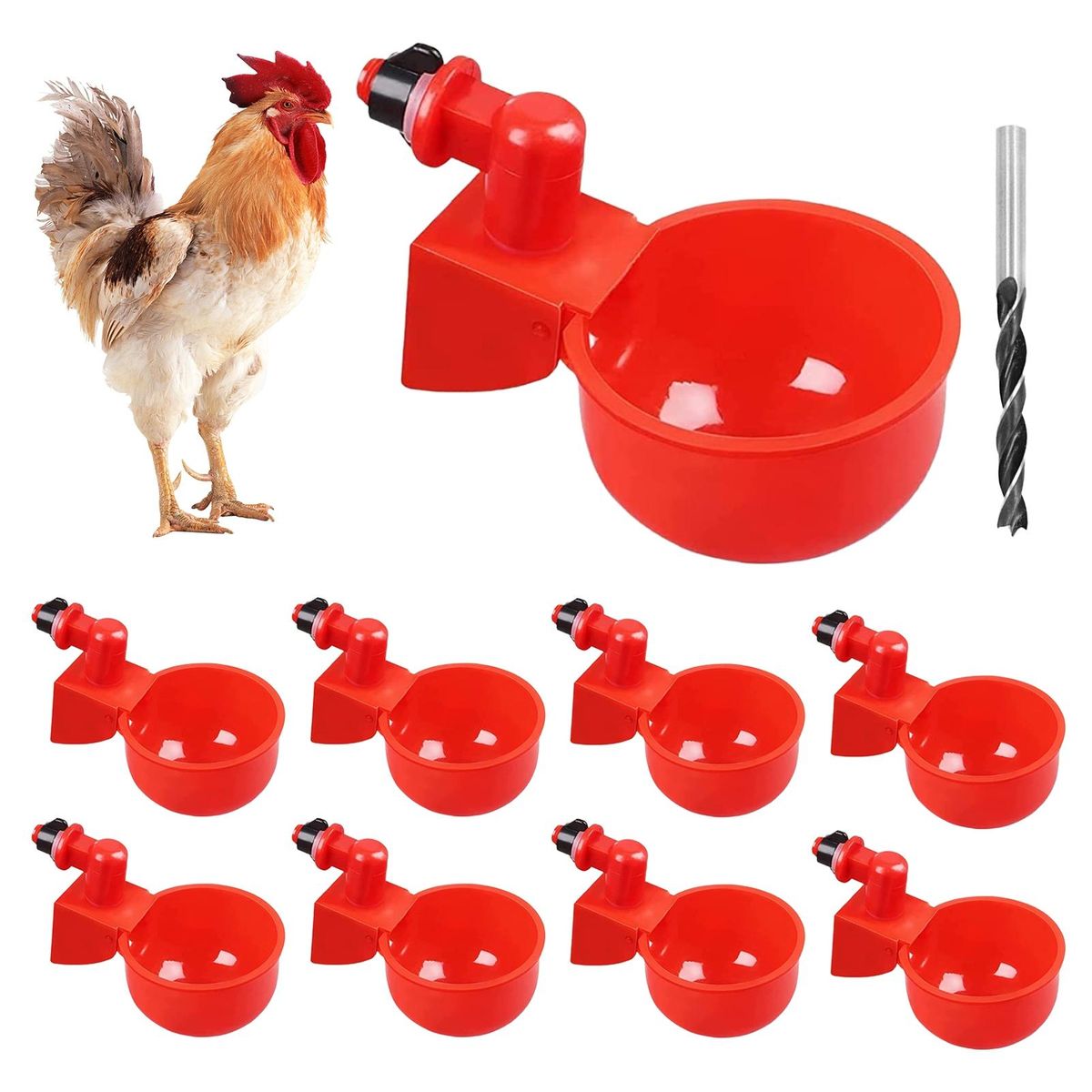 9-pack Automatic Chicken Waterer Cups with Hole Saw Easy for Buckets Red