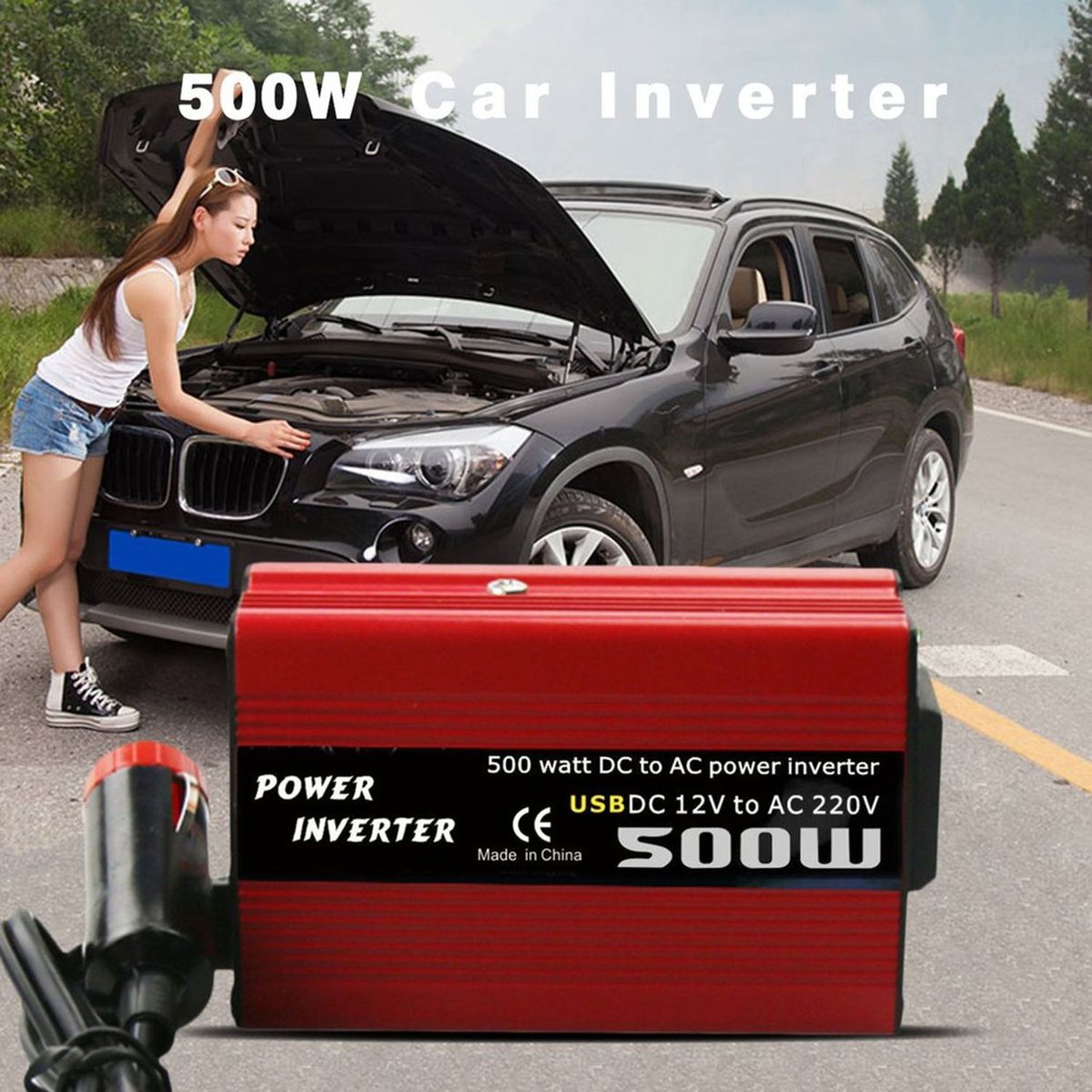 OR 500W DC To AC Power Converter 12V 110V 220V Car Inverter With Dual USB Red
