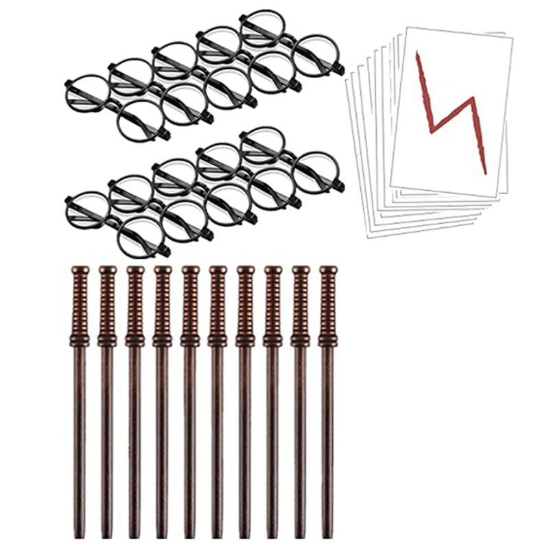 30 Pcs Wand Pencils Bolt Tattoos Stickers Costume Glasses with Round Party Supplies Set Wizard Wand