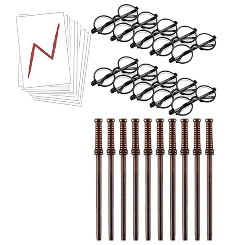 30 Pcs Wand Pencils Bolt Tattoos Stickers Costume Glasses with Round Party Supplies Set Wizard Wand