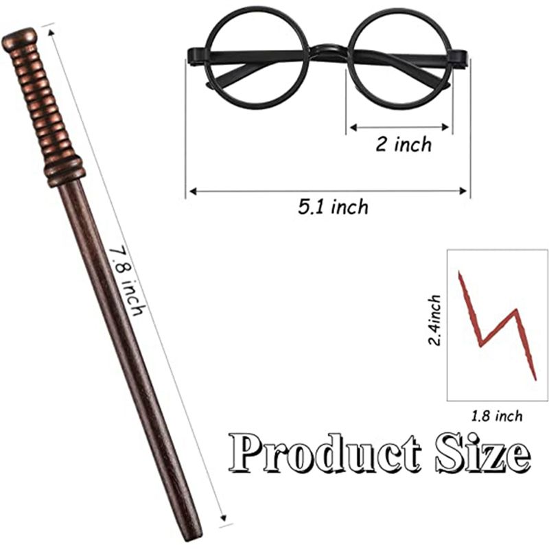 30 Pcs Wand Pencils Bolt Tattoos Stickers Costume Glasses with Round Party Supplies Set Wizard Wand