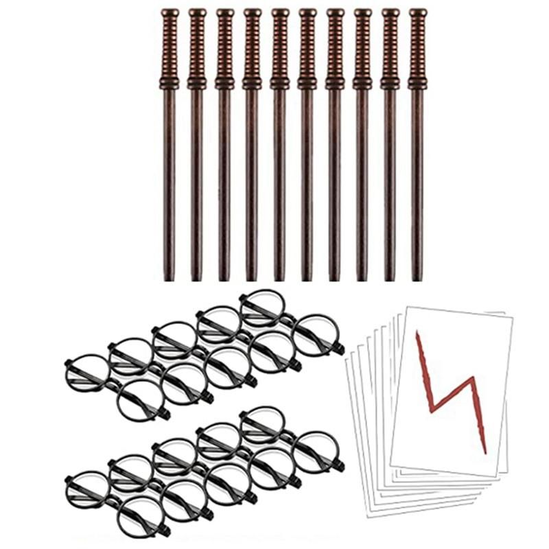 30 Pcs Wand Pencils Bolt Tattoos Stickers Costume Glasses with Round Party Supplies Set Wizard Wand