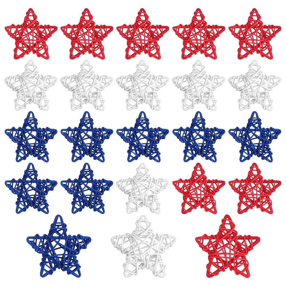 24 Pieces 4Th Of July Natural Rattan Stars Patriotic Red White and Blue Wicker Rattan Stars Ornament Hanging Rattan Star