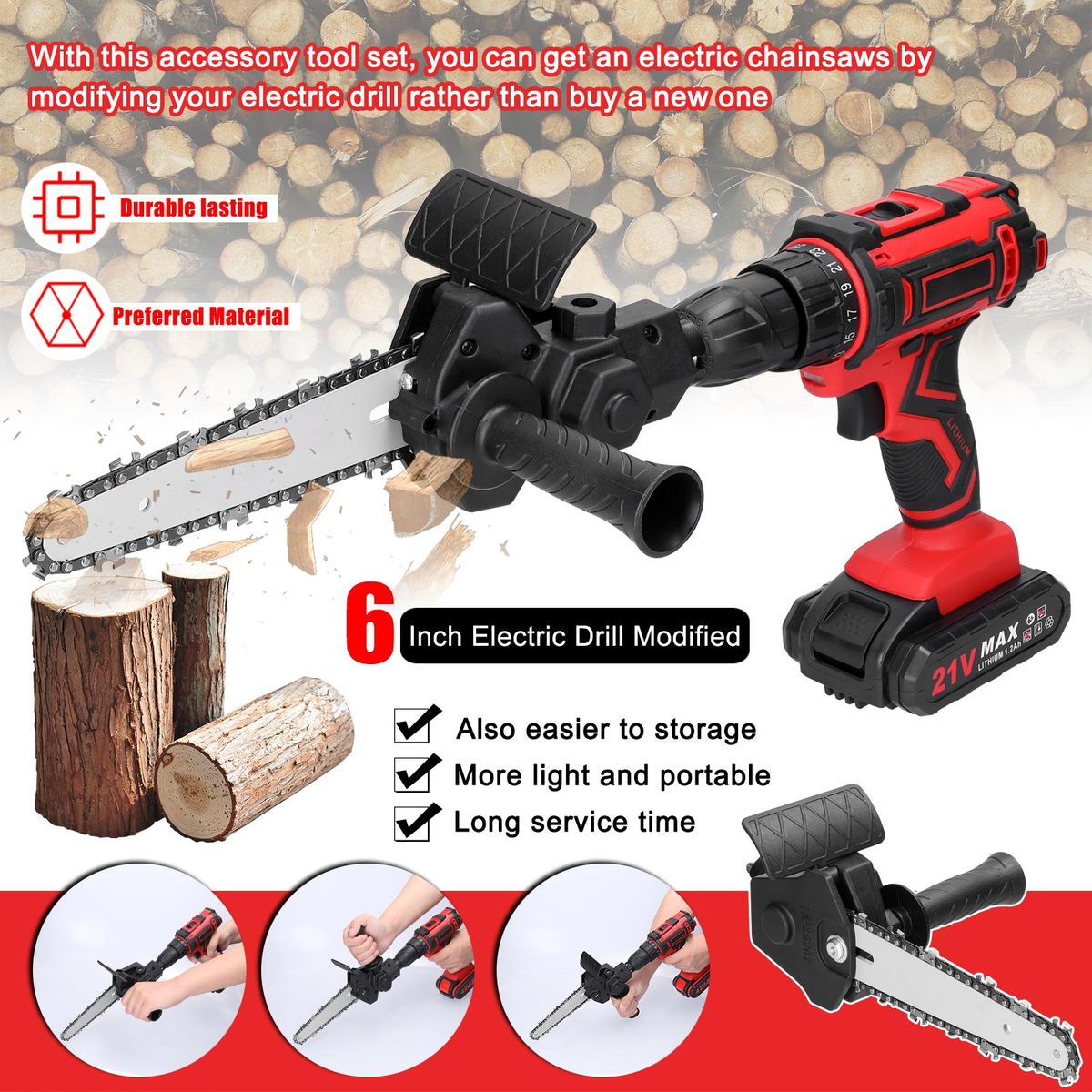 6 Inch Electric Drill Modified To Electric Chainsaw Tool Attachment Electric Chainsaws Accessory Practical Modification Tool Set Woodworking Cutting Tool