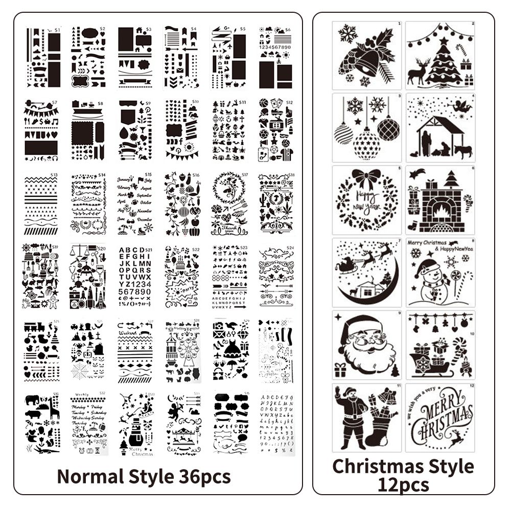 48pcs Drawing Stencils Letter Number Pattern Chirstmas