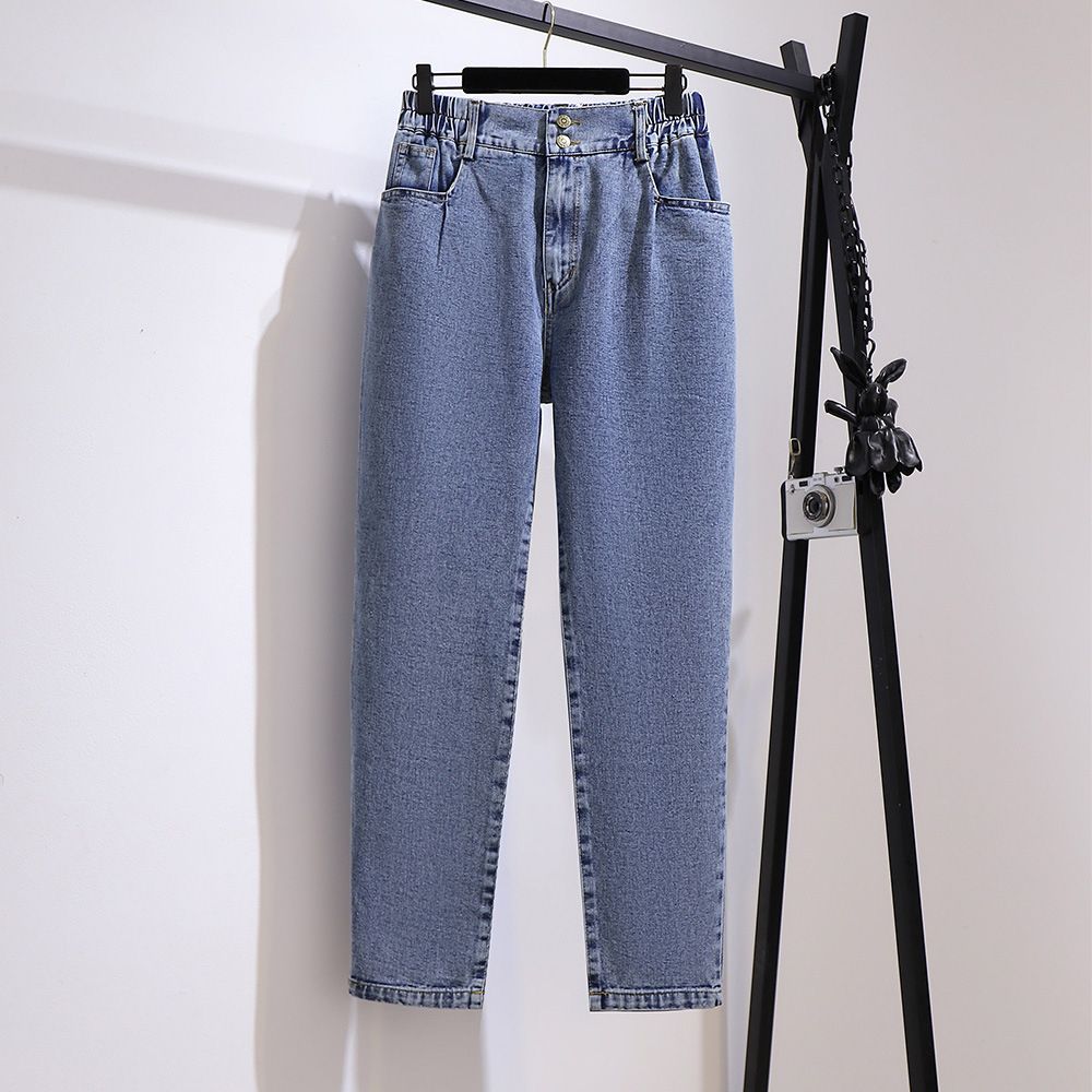 (Blue)New 2023 Ladies Autumn Winter Plus Size Jeans For Women Large Loose Cotton Pocket Black Blue Denim Trousers 3XL 4XL 5XL 6XL 7XL SAB