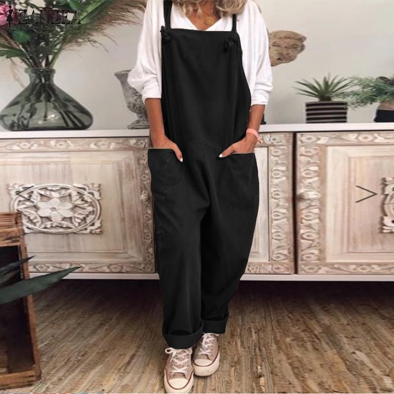 (Black)Summer Overalls Wide Leg Pants Female Solid Rompers ZANZEA Women's Dungarees Jumpsuits Vintage Suspender Playsuits Plus Size SAB