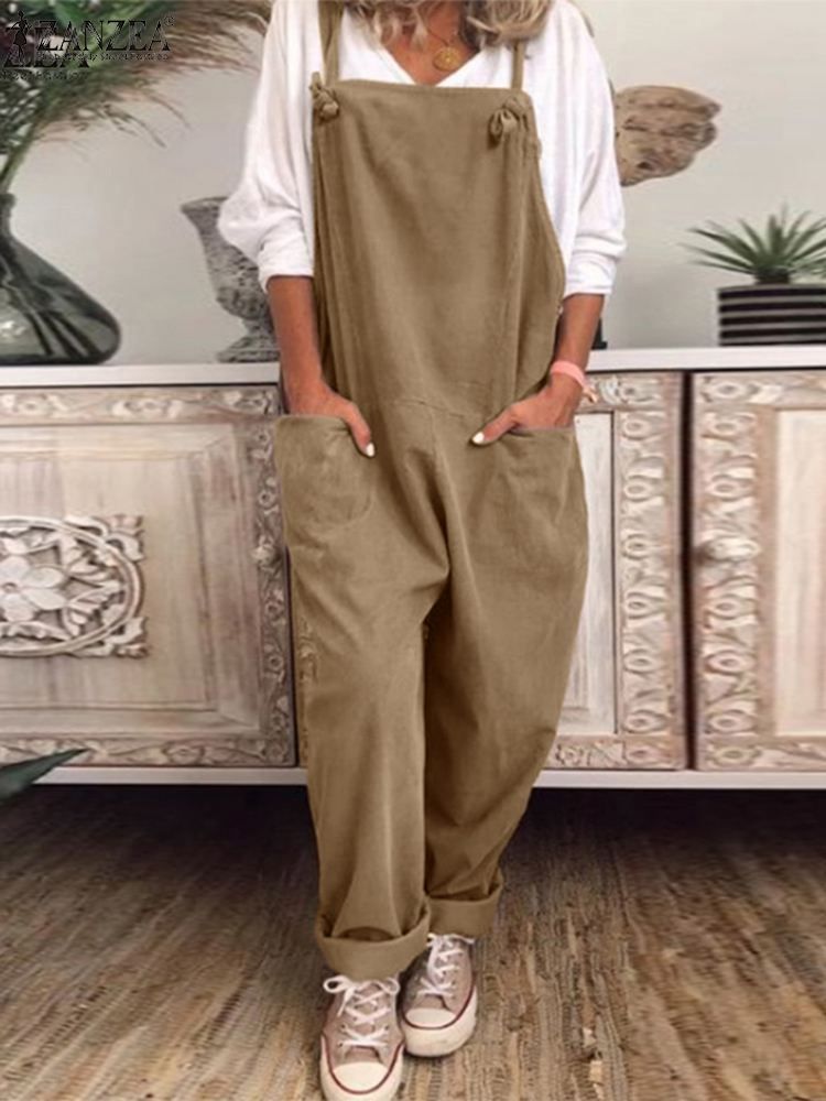 (Black)Summer Overalls Wide Leg Pants Female Solid Rompers ZANZEA Women's Dungarees Jumpsuits Vintage Suspender Playsuits Plus Size SAB
