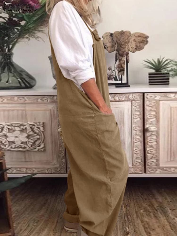 (Black)Summer Overalls Wide Leg Pants Female Solid Rompers ZANZEA Women's Dungarees Jumpsuits Vintage Suspender Playsuits Plus Size SAB