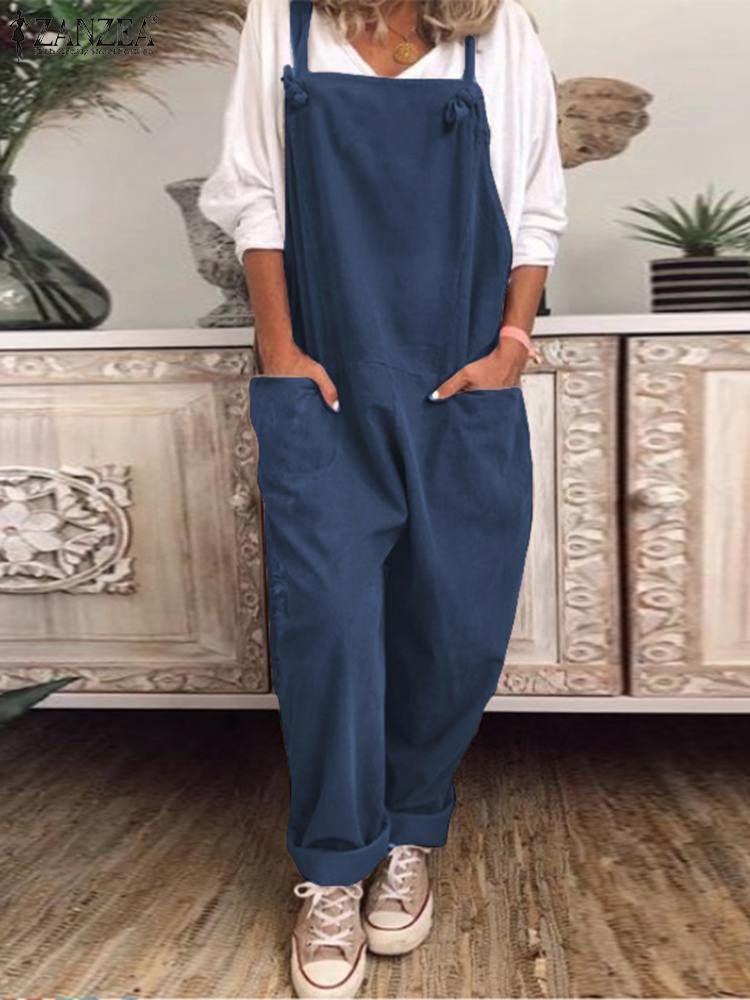(Black)Summer Overalls Wide Leg Pants Female Solid Rompers ZANZEA Women's Dungarees Jumpsuits Vintage Suspender Playsuits Plus Size SAB