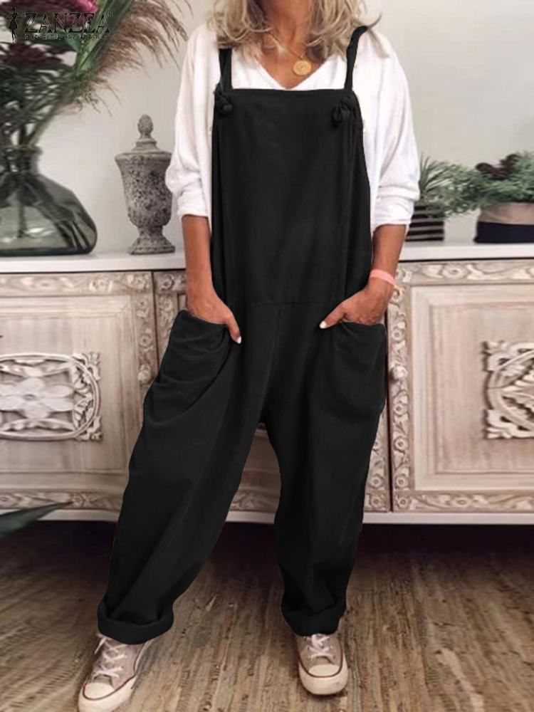 (Black)Summer Overalls Wide Leg Pants Female Solid Rompers ZANZEA Women's Dungarees Jumpsuits Vintage Suspender Playsuits Plus Size SAB