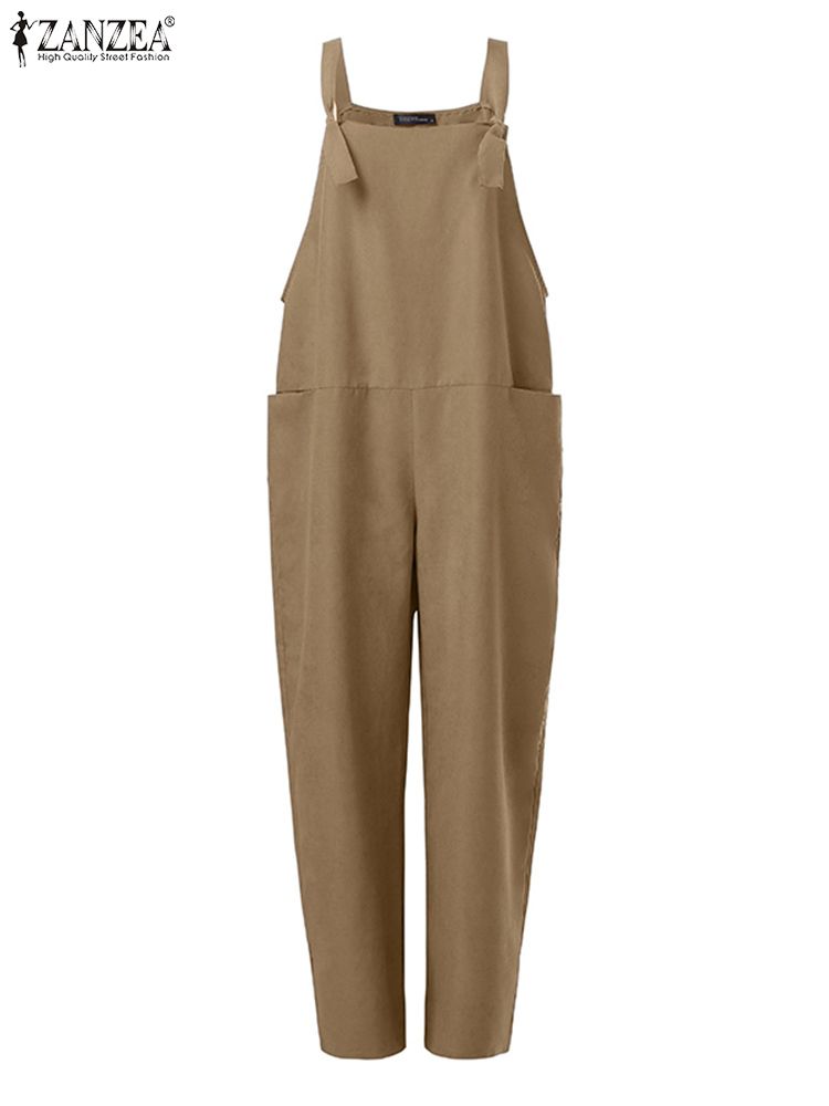 (Black)Summer Overalls Wide Leg Pants Female Solid Rompers ZANZEA Women's Dungarees Jumpsuits Vintage Suspender Playsuits Plus Size SAB
