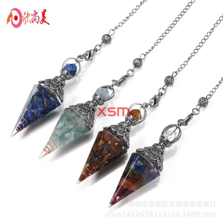 European and American cross-border foreign trade new accessories retro natural crystal gravel resin colorful hexagonal cone pendulum pendant Green gold