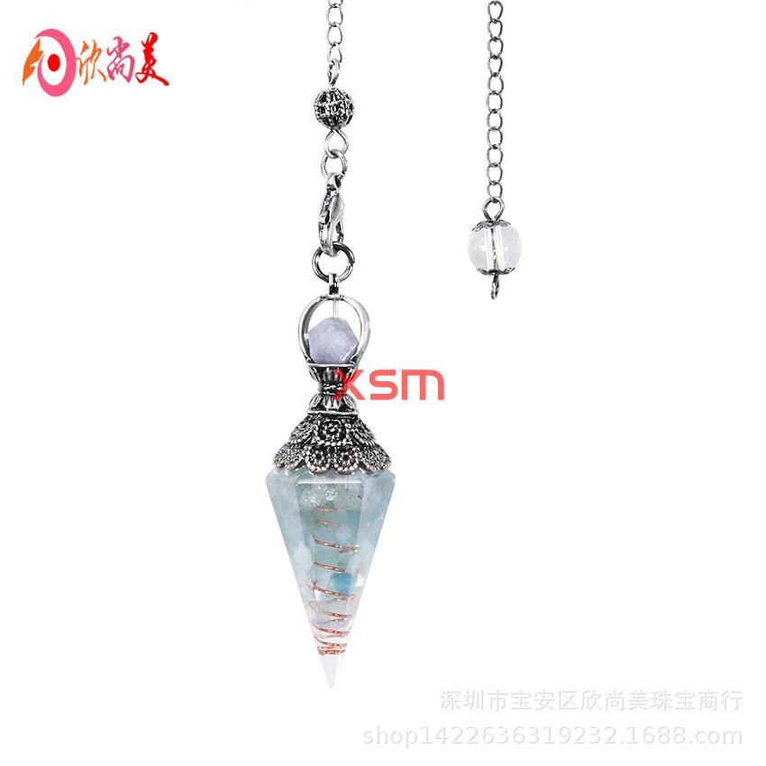 European and American cross-border foreign trade new accessories retro natural crystal gravel resin colorful hexagonal cone pendulum pendant Green gold