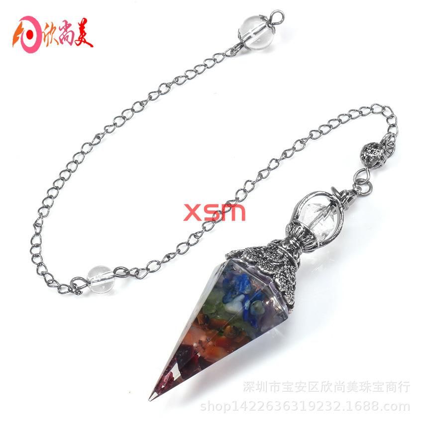 European and American cross-border foreign trade new accessories retro natural crystal gravel resin colorful hexagonal cone pendulum pendant Green gold
