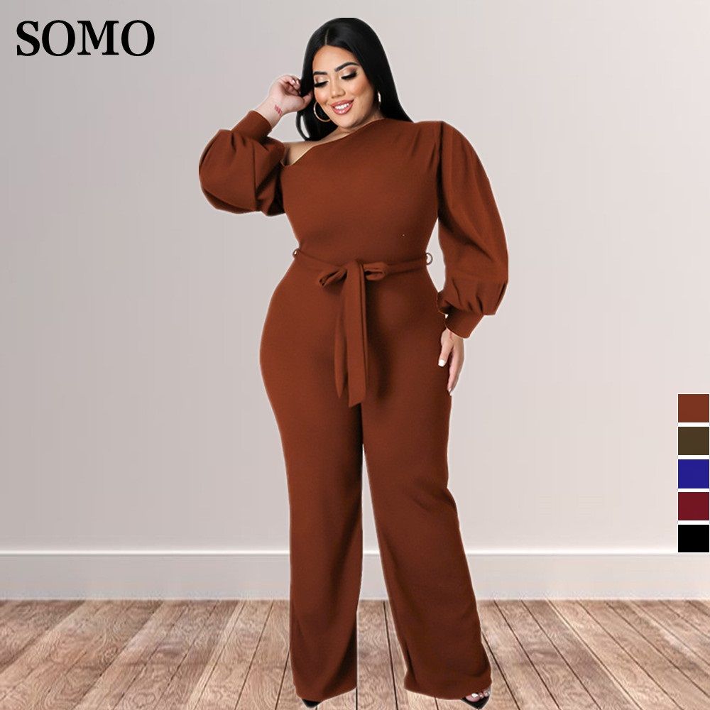 (Black)Plus Size Jumpsuit Women With Sashes  Salsh Neck Solid Color Chic Lantern Sleeve Ladies Long Rompers Wholesale Dropshipping SAB
