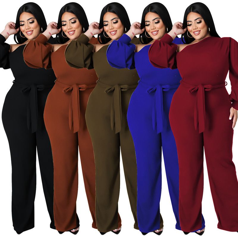 (Black)Plus Size Jumpsuit Women With Sashes  Salsh Neck Solid Color Chic Lantern Sleeve Ladies Long Rompers Wholesale Dropshipping SAB
